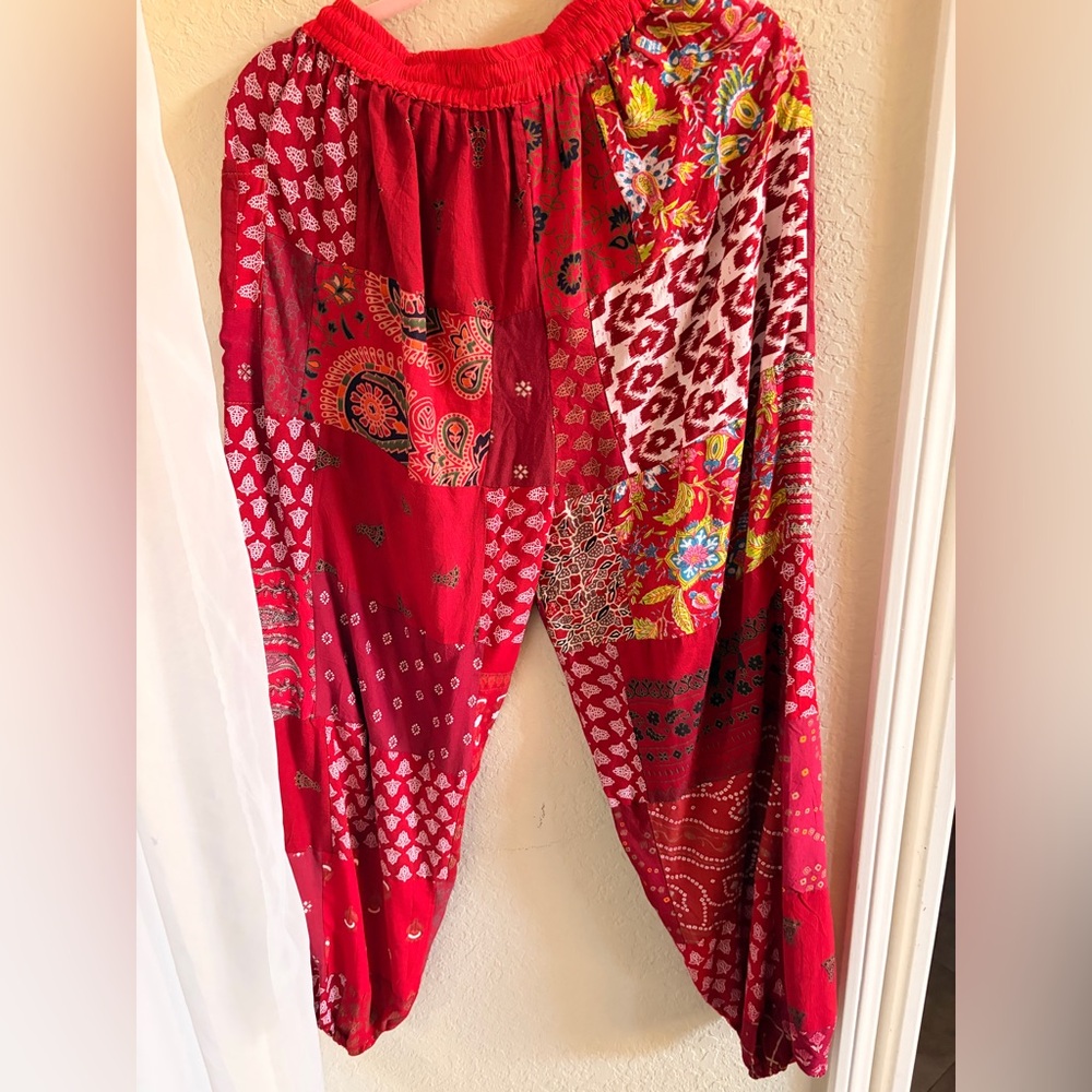 Red Patchwork Boho Harem Pants - image 2